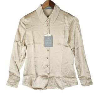 Ravella Milano 100% Silk Blouse XXS Champagne Gold Ball Buttons Long Sleeve New